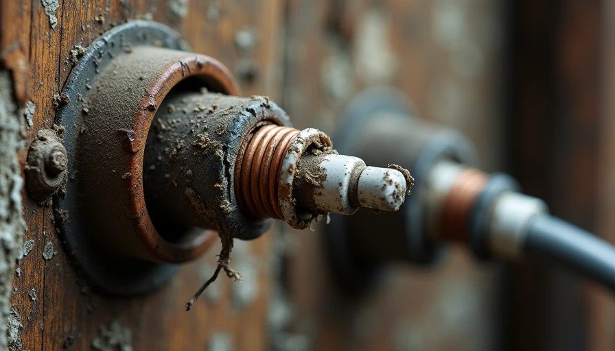 Deteriorating knob-and-tube wiring close-up