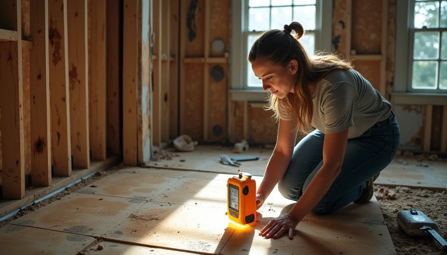 Homeowner inspecting subfloor issues during demo